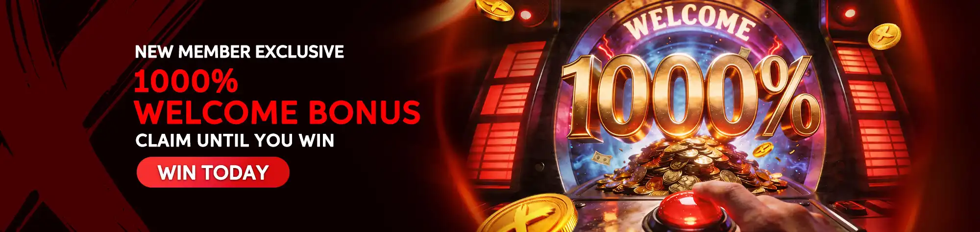 Maxwin promotional banner featuring a 1000% New Member Exclusive Welcome Bonus. The design showcases a glowing slot machine displaying a giant 1000% bonus, stacks of gold coins, a player pressing the spin button, and the message "Claim Until You Win" with a "Win Today" call-to-action.