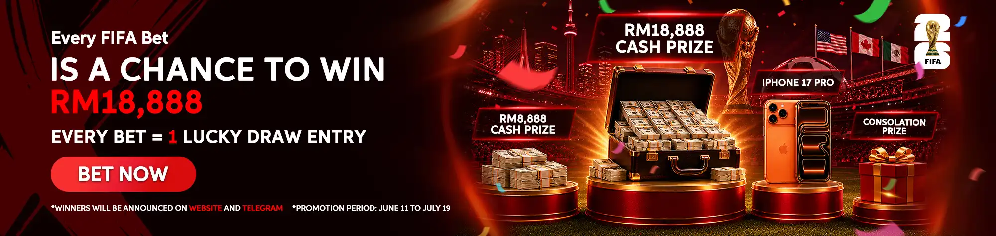 Maxwin FIFA promotional banner featuring a lucky draw campaign where every FIFA bet earns one lucky draw entry for a chance to win prizes including a RM18,888 cash prize, RM8,888 cash prize, iPhone 17 Pro, and consolation gifts. The banner showcases the FIFA World Cup trophy, a stadium backdrop, national flags, and a "Bet Now" call-to-action.