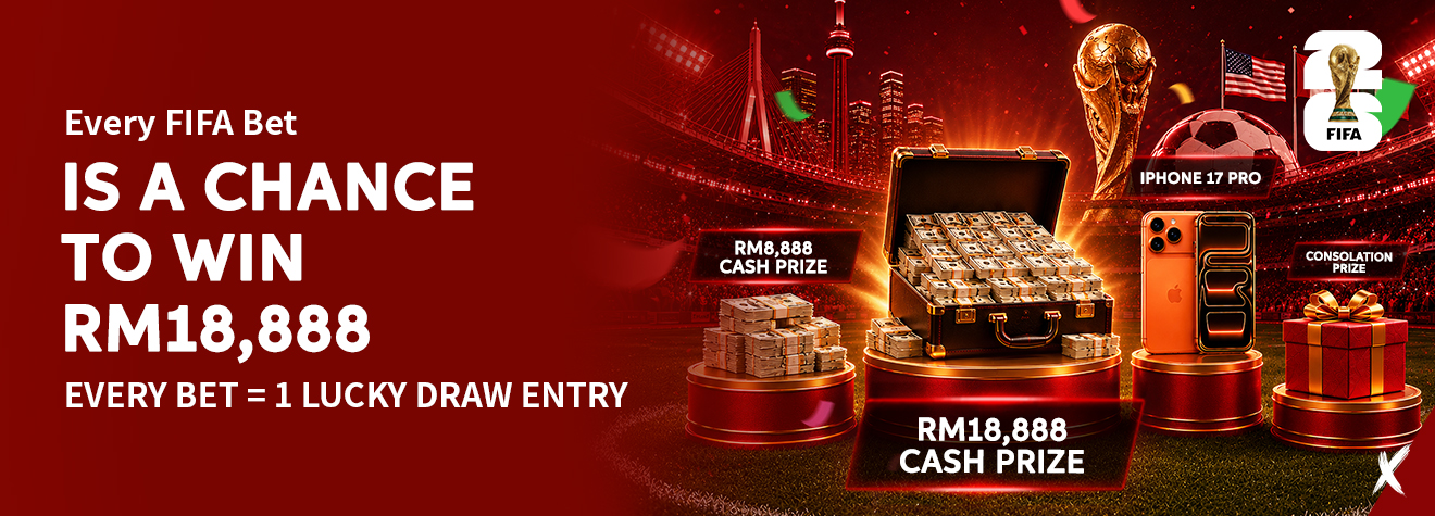 Maxwin FIFA-themed promotional banner offering a lucky draw where every FIFA bet earns one lucky draw entry. The banner features a grand prize of RM18,888 cash, a RM8,888 cash prize, an iPhone 17 Pro, consolation gifts, the FIFA World Cup trophy, and a football stadium backdrop.
