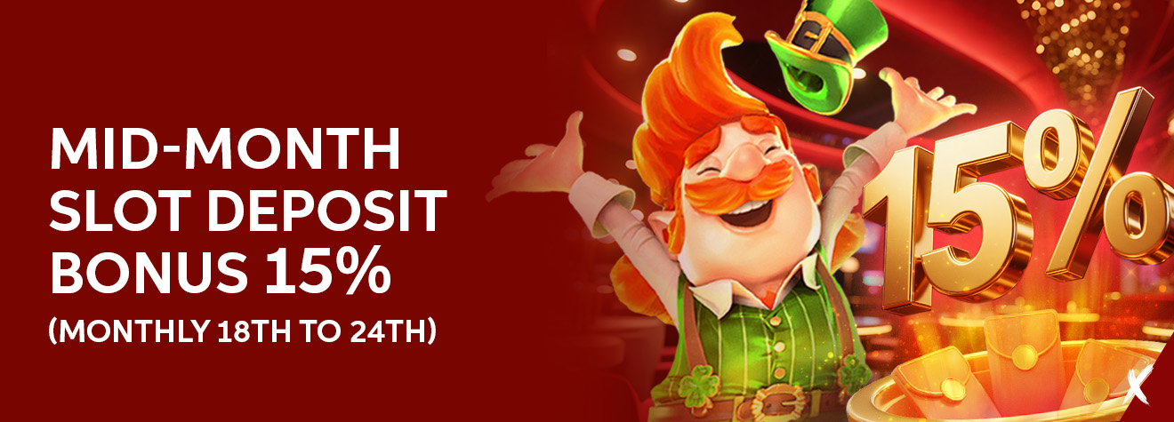 Maxwin promotional banner advertising a 15% Mid-Month Slot Deposit Bonus, featuring a cheerful leprechaun celebrating beside a giant golden "15%" symbol, floating coins, and red envelopes against a vibrant red casino-themed background.