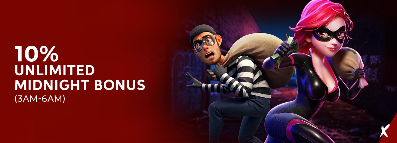 Maxwin promotional banner featuring a 10% Unlimited Midnight Bonus available from 3AM to 6AM, with two animated masked characters carrying money bags in a nighttime city alley, highlighting a late-night gaming promotion.