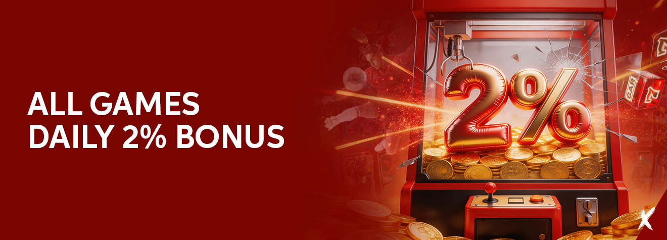 Maxwin promotional banner featuring an All Games Daily 2% Bonus, showcasing a claw machine filled with gold coins and a glowing 2% symbol against a vibrant red casino-themed background.