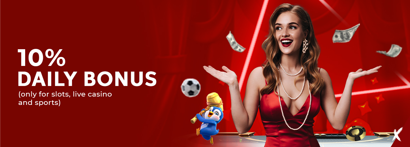 Maxwin promotional banner featuring a 10% Daily Bonus for slots, live casino, and sports. The banner shows a smiling woman in a red dress surrounded by floating cash, a football, casino chips, and a cheerful mascot against a vibrant red casino-themed background.