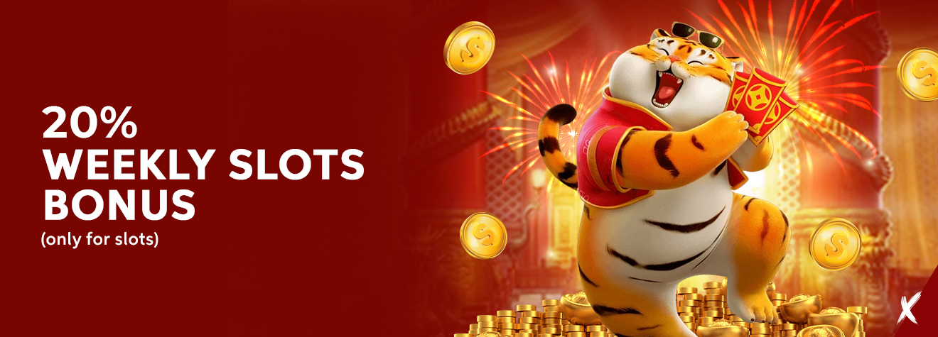 Maxwin promotional banner featuring a 20% Weekly Slots Bonus for slot games, showcasing a cheerful tiger mascot holding a red lucky envelope, surrounded by gold coins, fireworks, and stacks of gold against a festive red-and-gold casino-themed background.