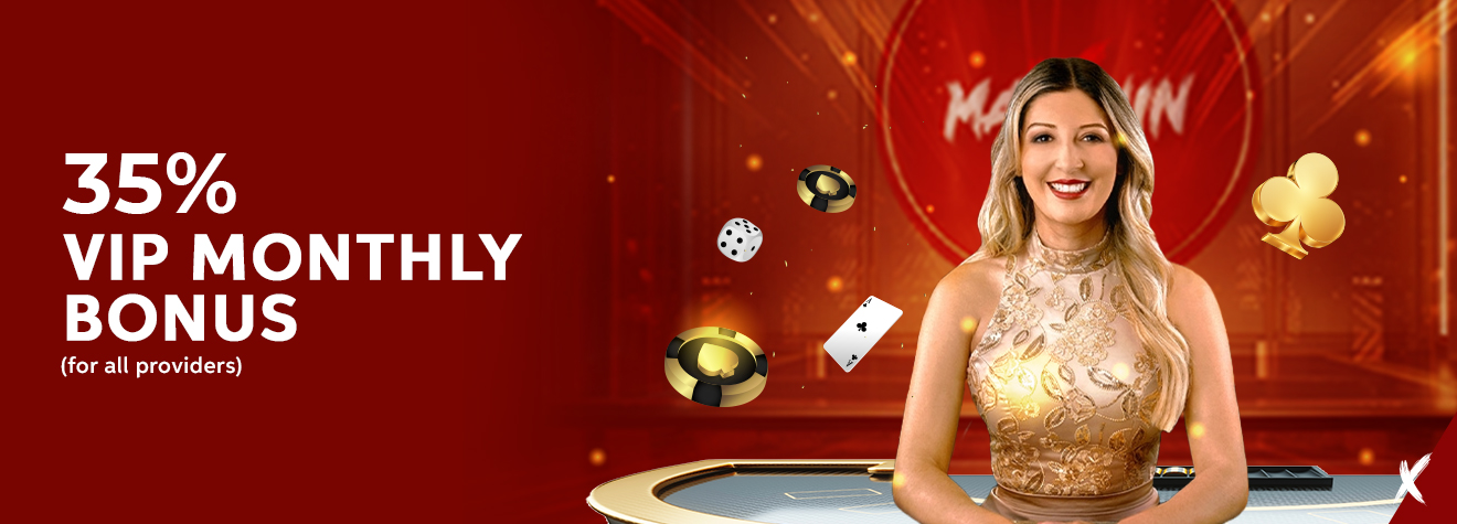 Maxwin promotional banner featuring a 35% VIP Monthly Bonus for all game providers, showcasing a smiling casino hostess in a gold dress surrounded by poker chips, playing cards, dice, and casino icons against a luxurious red-and-gold gaming backdrop.