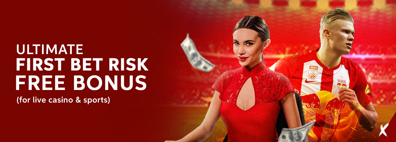 Maxwin promotional banner advertising the Ultimate First Bet Risk Free Bonus for live casino and sports. The banner features a stylish woman in a red dress and a professional football player inside a brightly lit stadium, with floating banknotes against a bold red background.