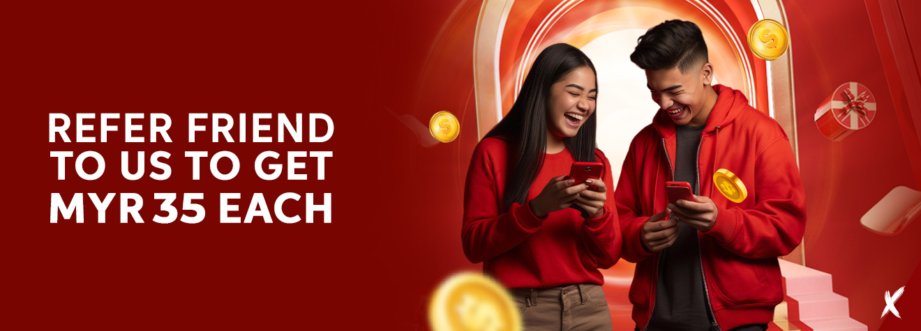 Maxwin promotional banner featuring a Refer a Friend program offering MYR35 for each successful referral. The banner shows two happy friends using their smartphones, surrounded by floating gold coins and gift boxes against a vibrant red-themed background.