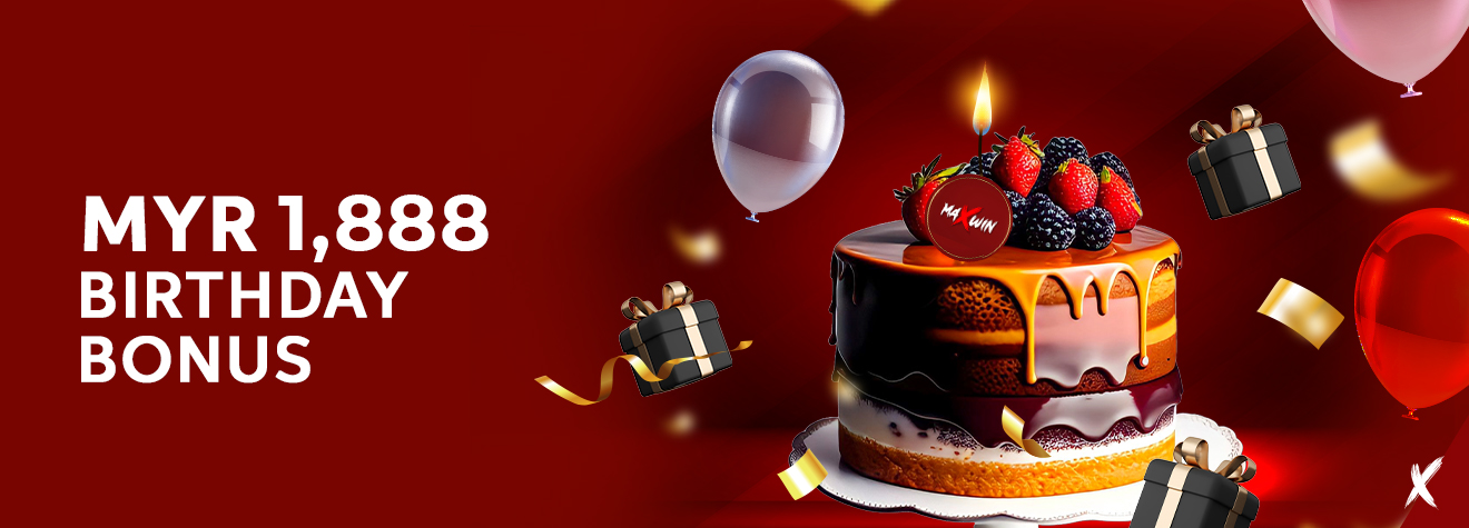Maxwin promotional banner featuring a MYR1,888 Birthday Bonus, showcasing a luxurious chocolate birthday cake topped with berries and a candle, surrounded by balloons, gift boxes, and festive confetti against a vibrant red celebration-themed background.