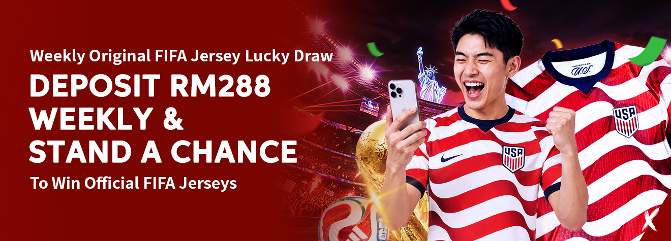 Maxwin FIFA-themed promotional banner for the Weekly Original FIFA Jersey Lucky Draw. Players who deposit RM288 weekly stand a chance to win official FIFA jerseys. The banner features an excited football fan wearing a USA jersey, holding a smartphone, alongside the FIFA World Cup trophy and an official USA national team jersey inside a brightly lit football stadium.