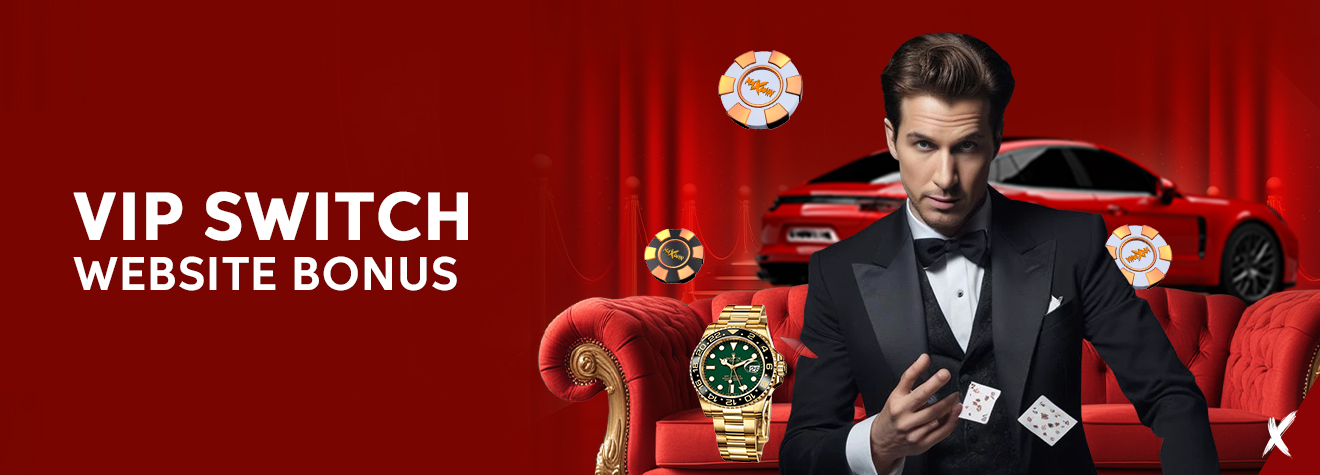 Maxwin promotional banner featuring a VIP Switch Website Bonus, showcasing a well-dressed gentleman performing a card trick with a luxury sports car, premium wristwatch, casino chips, and elegant red lounge décor in the background.