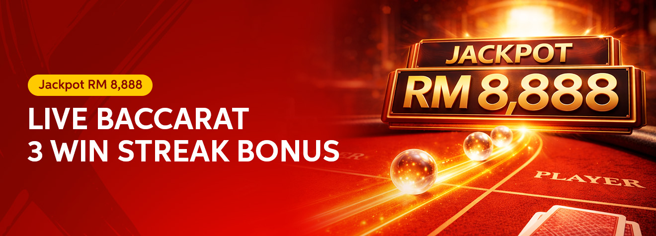Maxwin promotional banner featuring a Live Baccarat 3 Win Streak Bonus with a RM8,888 Jackpot. The banner showcases a glowing jackpot sign, illuminated baccarat table, rolling game balls, and a premium casino atmosphere highlighting the exciting win streak promotion.