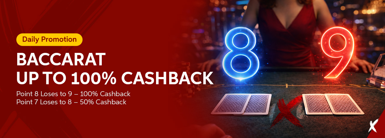 Maxwin daily promotion banner featuring a Baccarat Up to 100% Cashback offer. The banner displays glowing numbers 8 and 9 above baccarat cards, illustrating the cashback conditions, with a live casino table and dealer in the background.