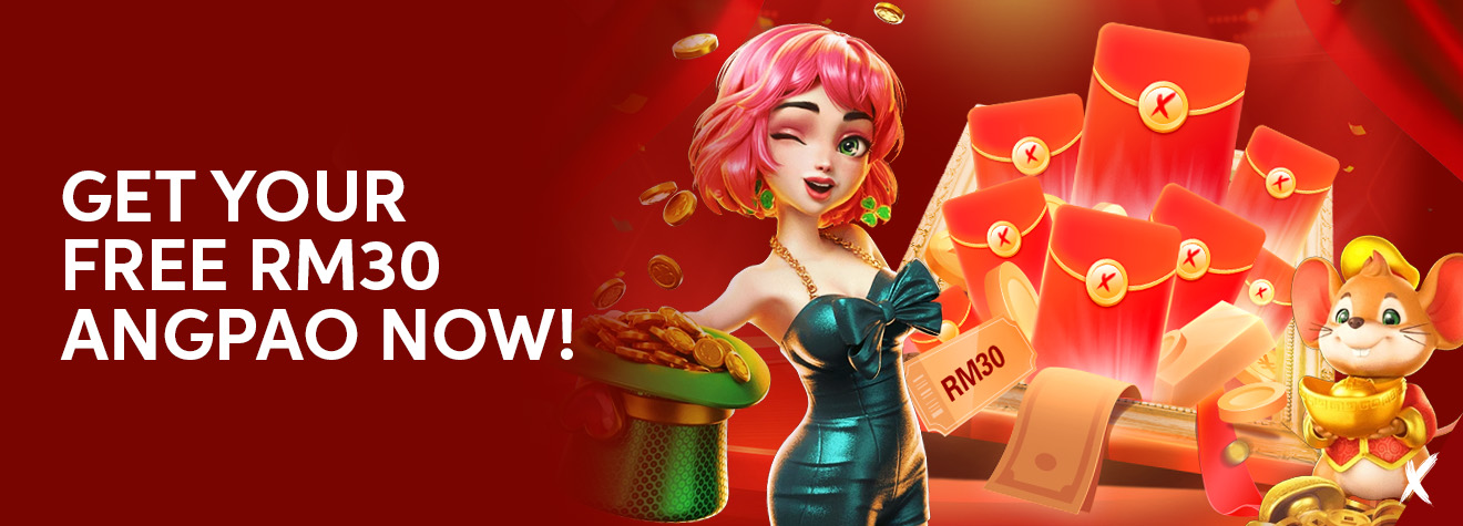 Maxwin promotional banner featuring a Free RM30 Angpao welcome reward. The design shows a cheerful animated female character holding a pot of gold coins, a treasure chest filled with red envelopes, an RM30 voucher, festive decorations, and a lucky mouse mascot against a vibrant red background.