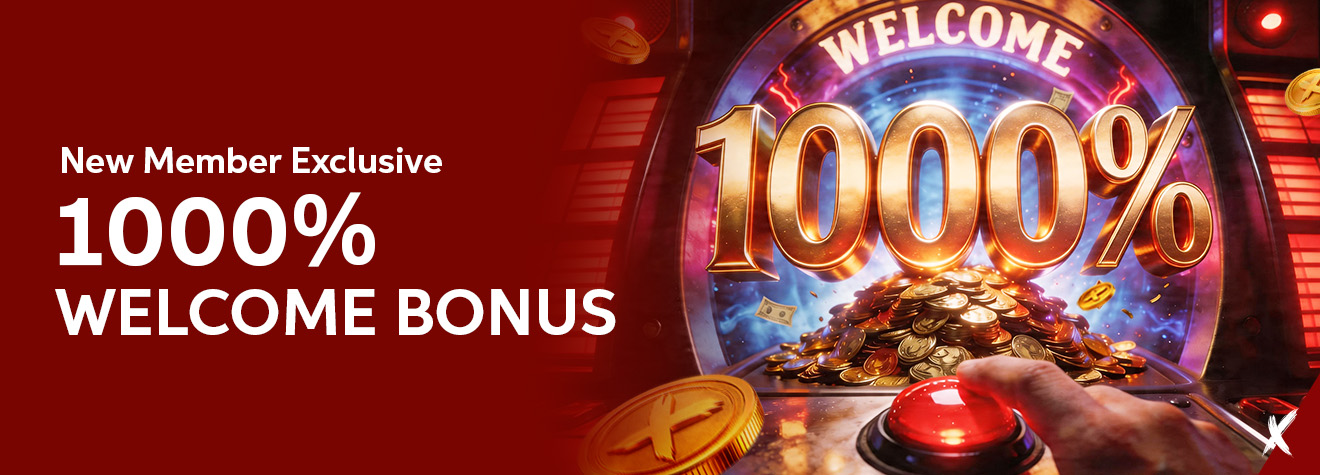 Maxwin promotional banner featuring a 1000% Welcome Bonus for new members. The banner displays a glowing arcade-style machine with a giant golden "1000%" sign, a pile of gold coins, and a hand pressing a red button against a vibrant red and gold background.