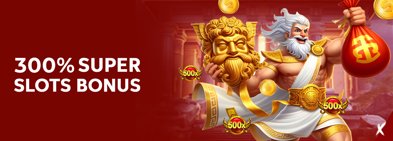 Maxwin promotional banner advertising a 300% Super Slots Bonus, featuring a powerful mythological god holding a red fortune bag, a golden warrior mask, floating gold coins, and 500x bonus icons against a luxurious temple-inspired red and gold background.