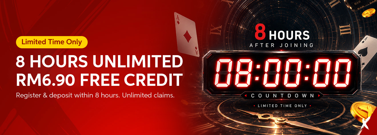 Maxwin 8 Hours Unlimited RM6.90 Free Credit promotional banner featuring a digital countdown timer, casino-themed graphics, and a limited-time offer encouraging new members to register and deposit within eight hours to enjoy unlimited free credit claims.