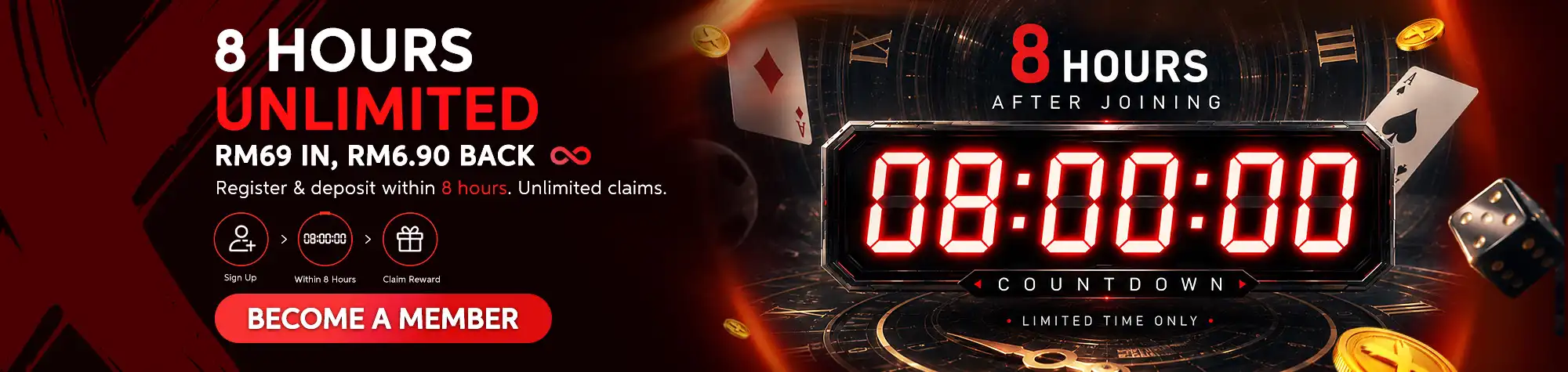 Maxwin 8 Hours Unlimited Cashback promotional banner featuring a digital countdown timer, casino-themed graphics, and a call-to-action encouraging new members to register, deposit within eight hours, and claim unlimited cashback rewards.