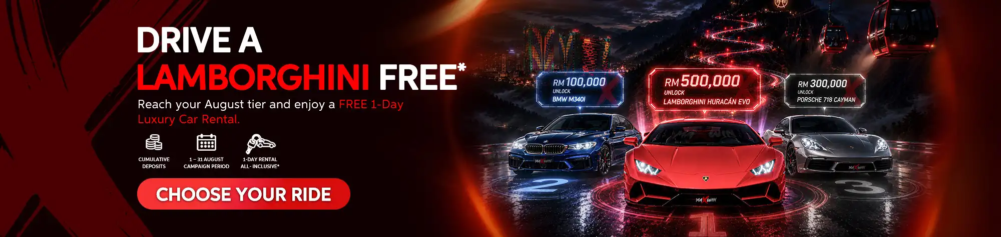 Maxwin Drive a Lamborghini Free promotional banner featuring luxury sports cars, a neon-lit cityscape, and an exclusive August campaign offering a free one-day luxury car rental based on cumulative deposit tiers.