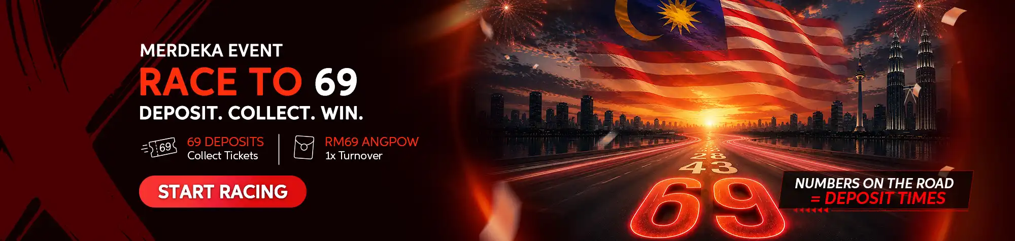 Maxwin Merdeka Event – Race to 69 promotional banner featuring the Malaysian flag, Kuala Lumpur skyline, fireworks, and a glowing highway countdown encouraging players to complete 69 deposits to earn a RM69 Angpow reward.