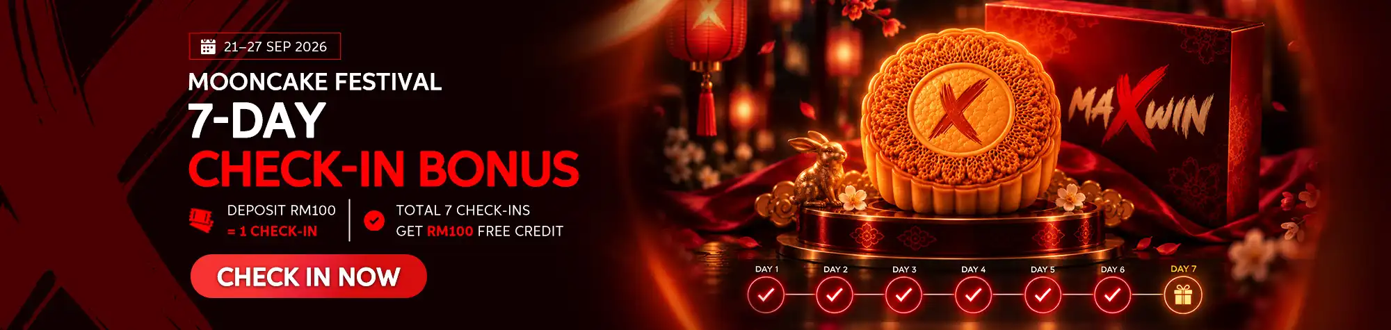 Maxwin Mooncake Festival promotion offering RM100 free credit after seven daily check-ins from 21–27 September 2026.